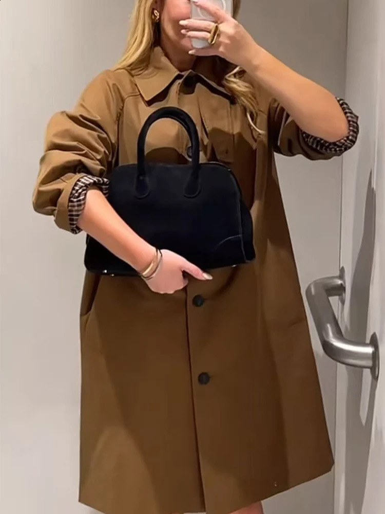 Women Midlength Trench Coat Solid SingleBreasted Stand Collar Classic Windbreaker Female Casual Chic Outerwear 250911