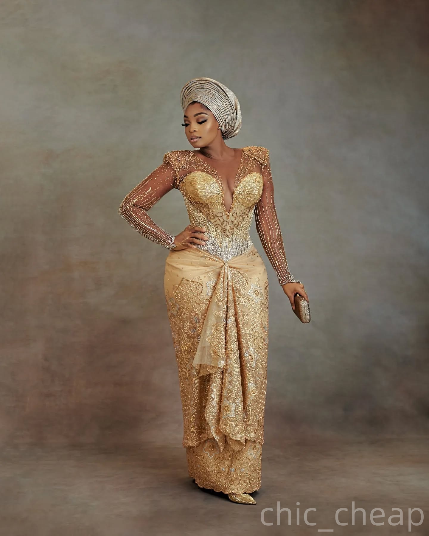 Aso Ebi Gold Sheath Prom Dresses 2025 Lace Beaded Sheer Neck Vintage Evening Formal Party Second Birthday Engagement Gowns Plus Size Dress For Special