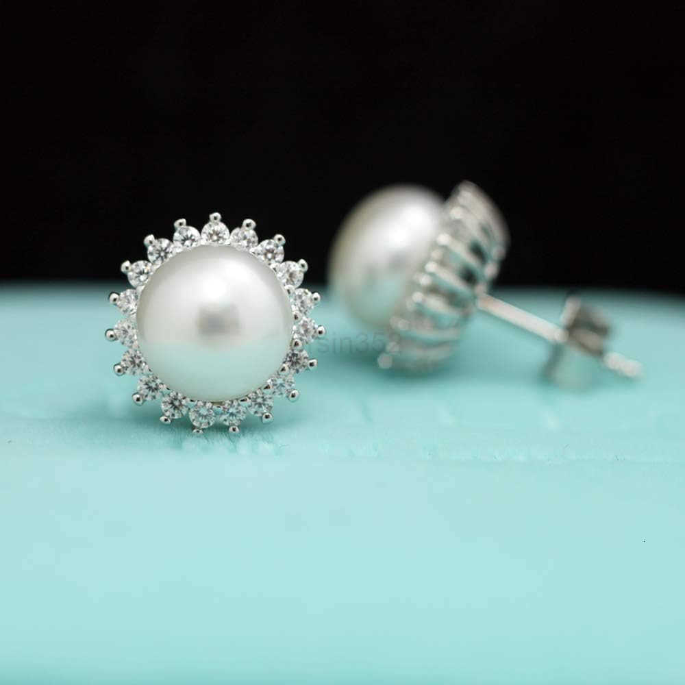 Sterling Silver 859mm White Freshwater Cultured Pearl Earrings Studs AAA Zirconia Earrings Gift for WomenW250911