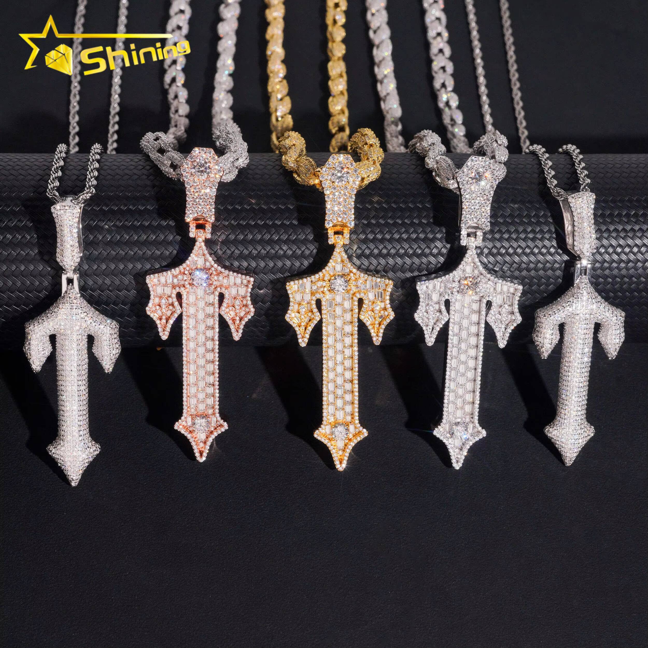 New Design GRA Moissnaite Cross Charms Silver 925 Gold Plated Hip Hop Moissanite Pendant Fine Jewelry Necklaces