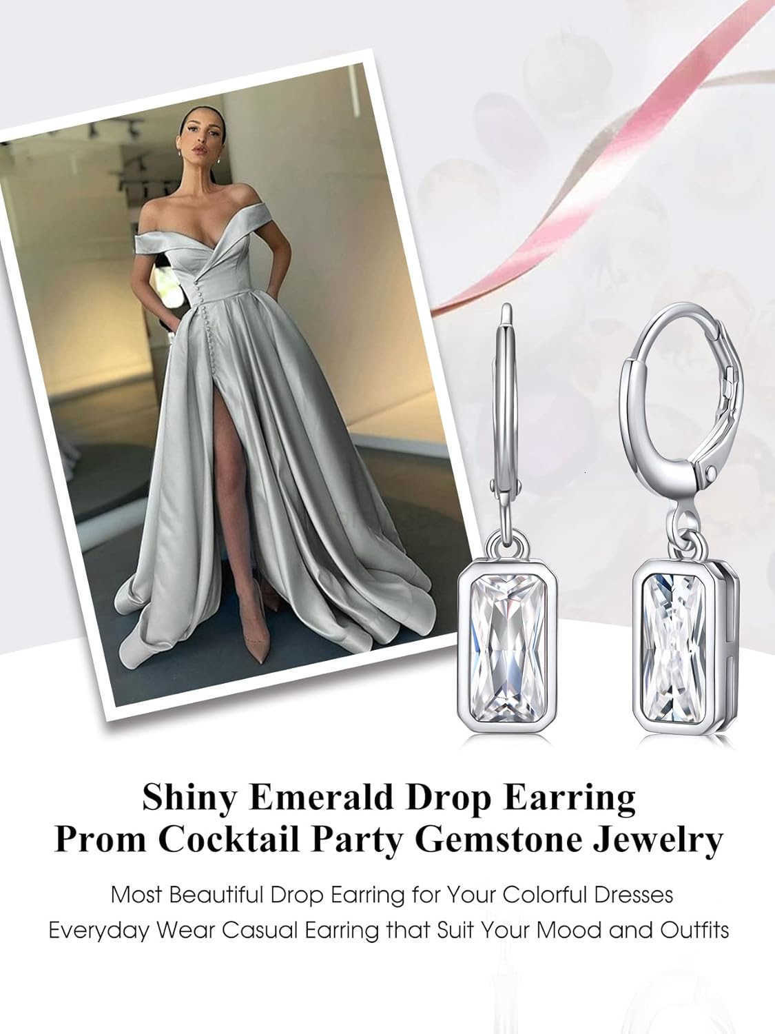 Sterling Silver Small Dainty Birthstone Drop Earrings for Women with Rectangular Baguette Crystal Huggie Hoop Silver Dangle Earring for Wedding Birthd