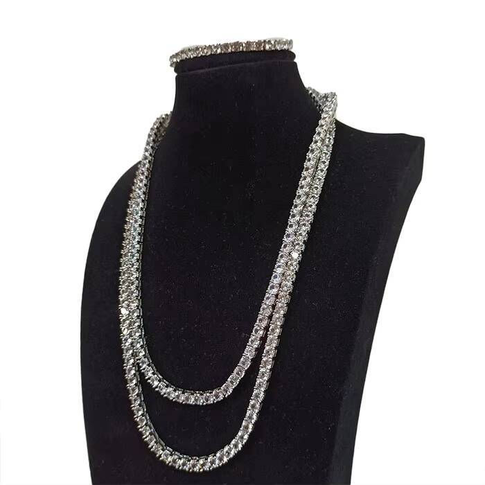 Platinum coating, 925 sterling silver material. 3mm to 6.5mm. High-quality sapphire tennis bracelet, hip-hop tennis necklace. Men's style.