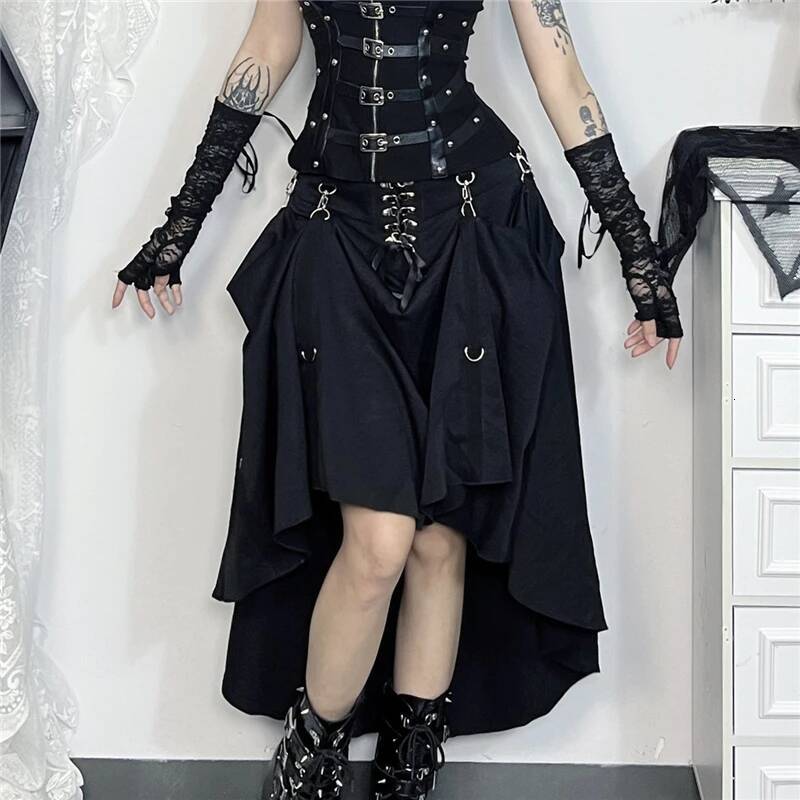 Goth Streetwear Gothic Skirt Women Haruku Emo Alternative Grunge High Waist Bandage A-line Skirts Y2k E-girl Indie Clothes dongdumaoyi