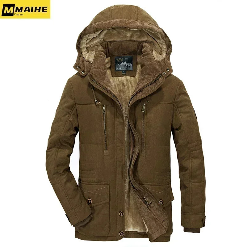 Mens Winter Thicken Cotton Snow Ski Hiking Jacket Warm Middle Aged Army Green Work Coat With Removable Hood Parkas Men Clothing 250911