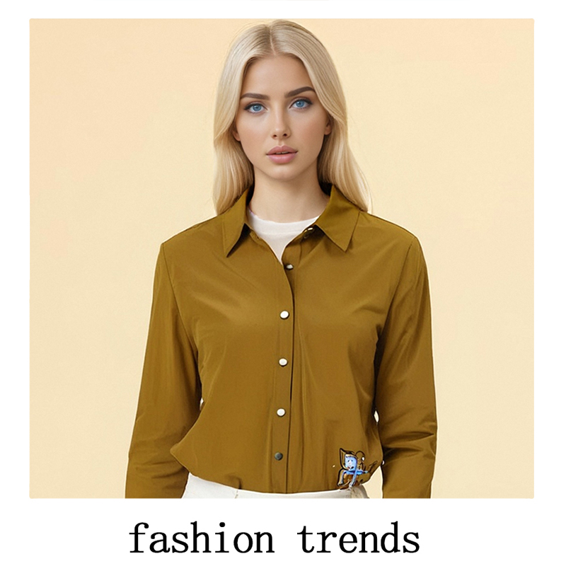 Women's Long Sleeve Collared Shirt with Cartoon Embroidery - Mustard Yellow