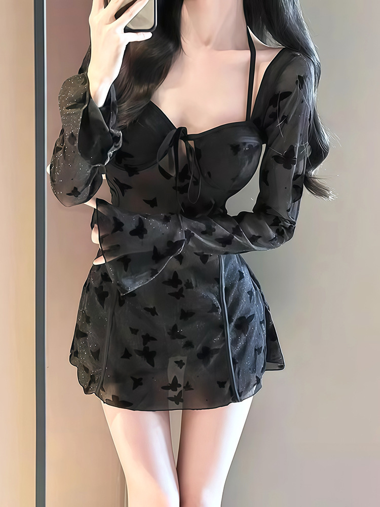 Black Butterfly Shimmer One-Piece Swimsuit for Women, Long Sleeve, Slimming, Sheer, Sexy, Small Chest, Gathered, Hot Spring