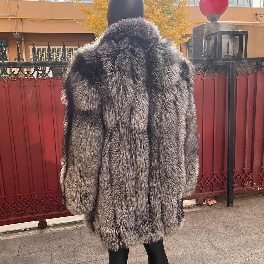 Natural Silver Fox Fur Jacket For Men Top Furry Jackets Coat Real Fur Coat With Collar Fashion Clothing Genuine Fur Outwear 250910