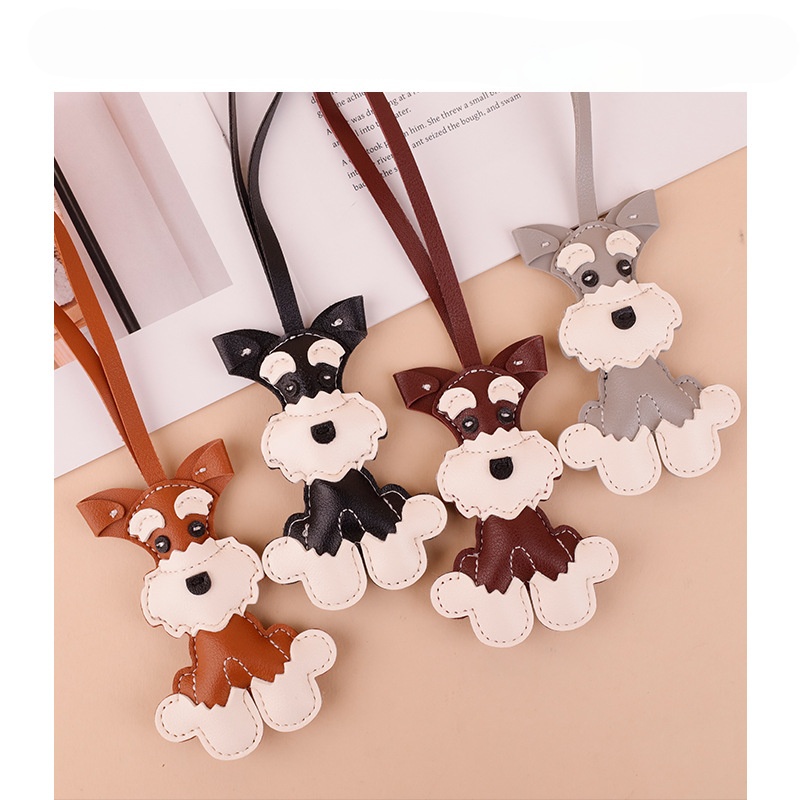 High Quality hand-sewn Leather Keychain Dog key Chain Luxury Designer Keyring Cute Schnauzer bag charm for women or girl Christmas gift