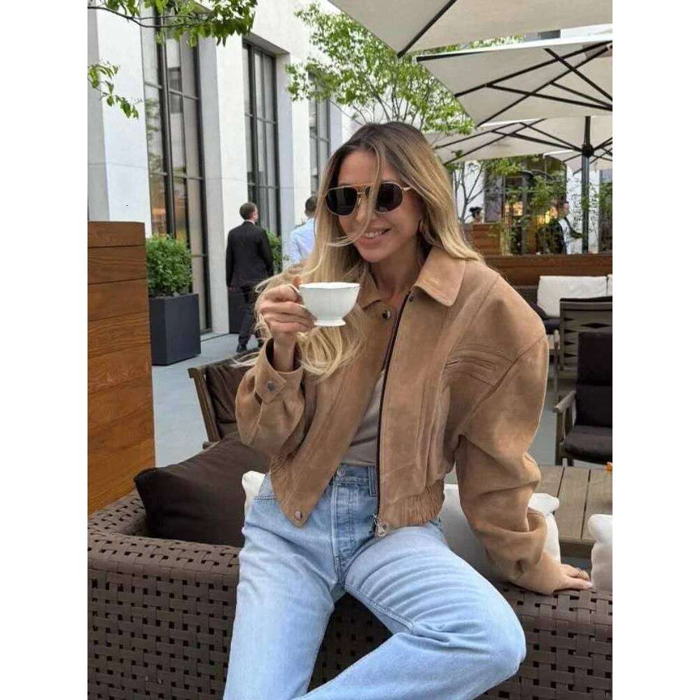 Fashion Brown Short Suede Jacket Women Chic Lapel Long Sleeve Pocket Zipper Cropped Coat Autumn Lady Highstreet Commute Outwear