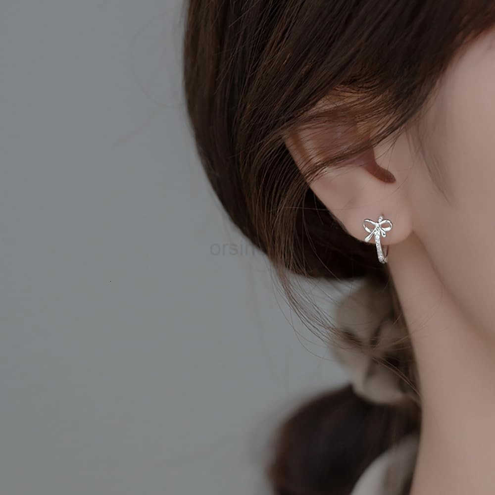 Solid 925 Sterling Silver CZ Bow Hoop Earrings Ribbon for Women Teen Girls Bowknot Hoop Earrings HuggieW250911