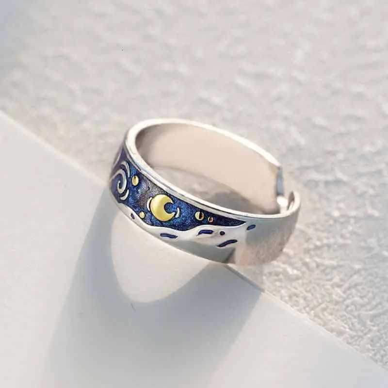 2Pcs S925 Silver Plated Van Gogh Blue Starry Sky Open Lover Rings Band Love Forever Ring Set Romantic Jewelry W250911