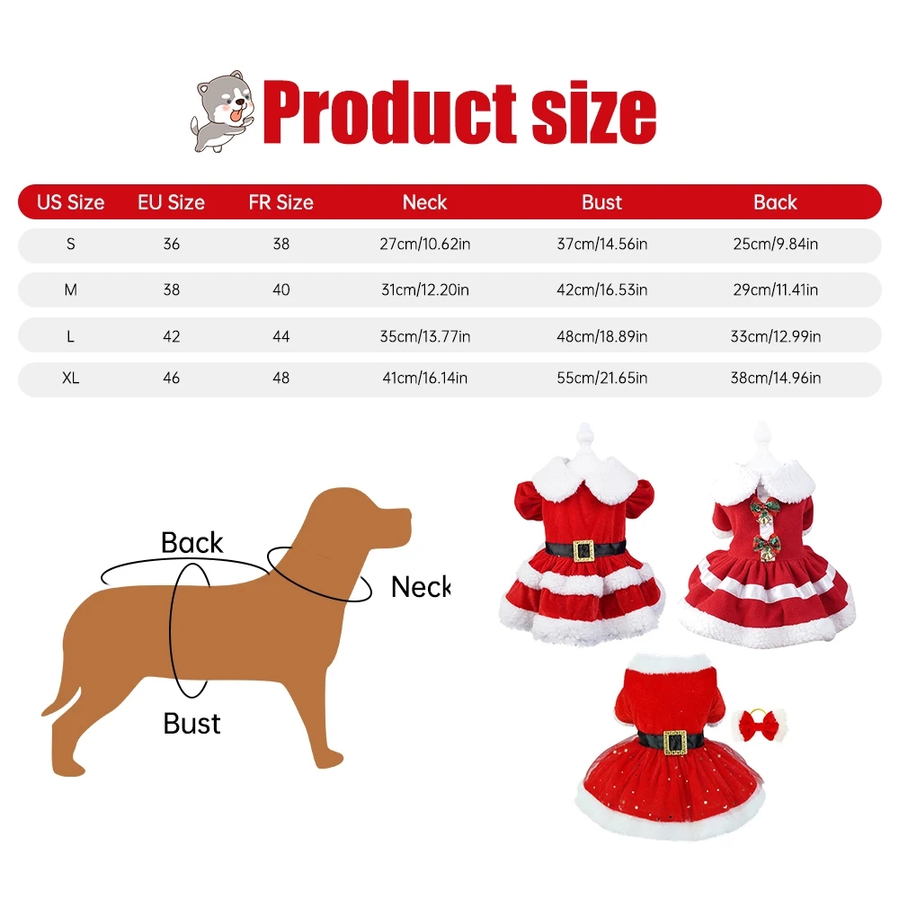 Christmas Dog Dress with Ruffled Sleeves, Lamb Wool Collar, Cotton Material, Warm & Comfortable, 4 Sizes (S-XL) for Dogs 1.5-8kg, Perfect for Christma