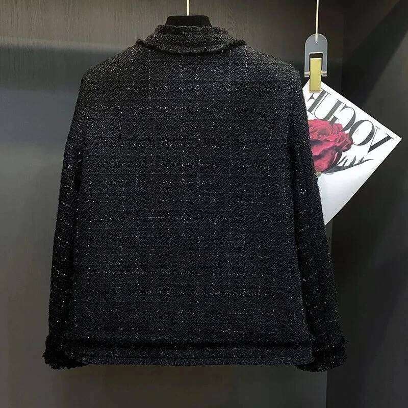 Black Jacket Women's Shiny Silk Cotton Autumn And Winter New French Socialite High-End Feeling Coarse Floral Wool Coat