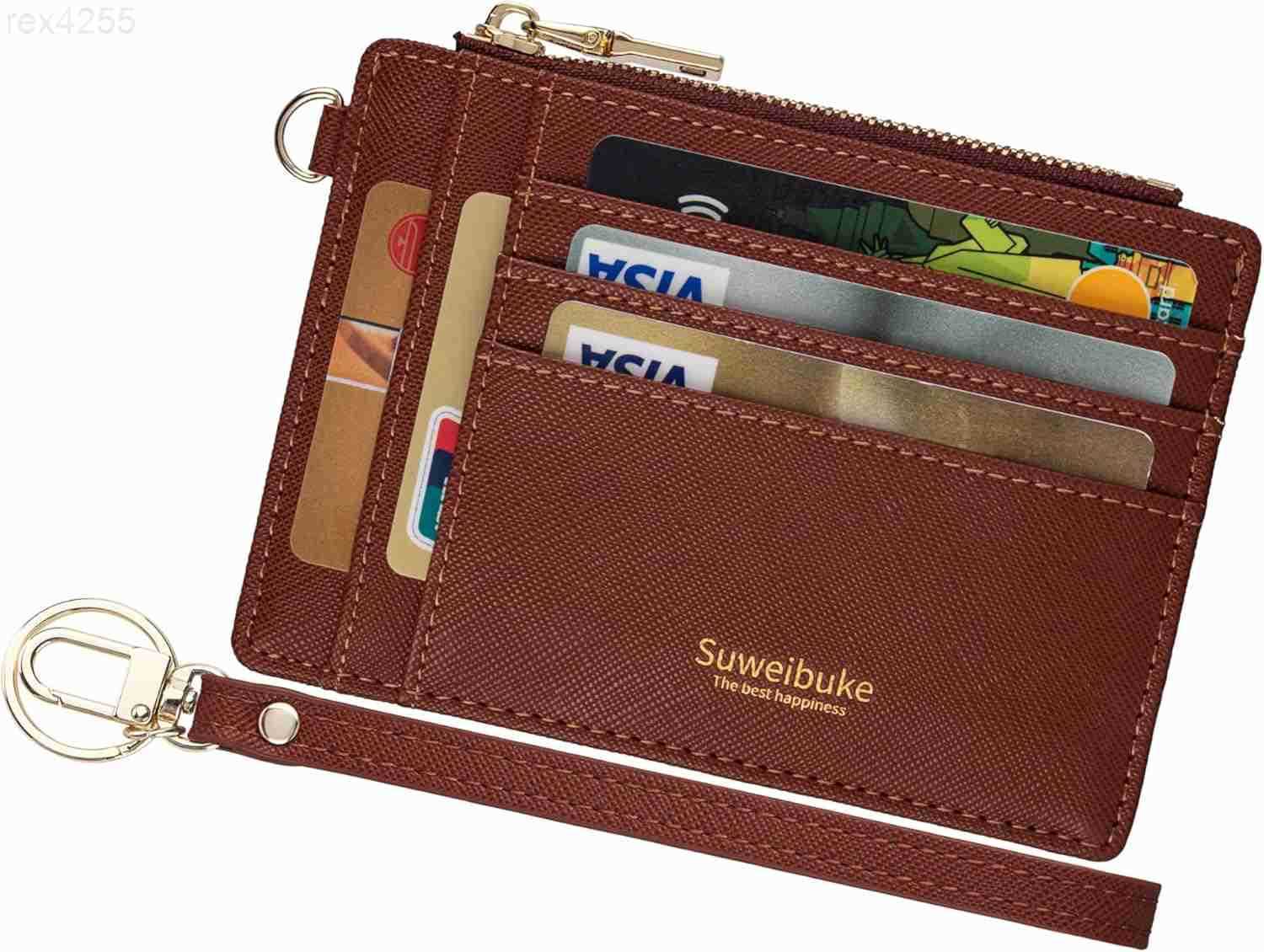 Women Slim Rfid Blocking Credit Card Case Holder Wristlet Zip ID Case Wallet Small Compact Leather Wallet Coin Purse with Keychain BeigeW250911