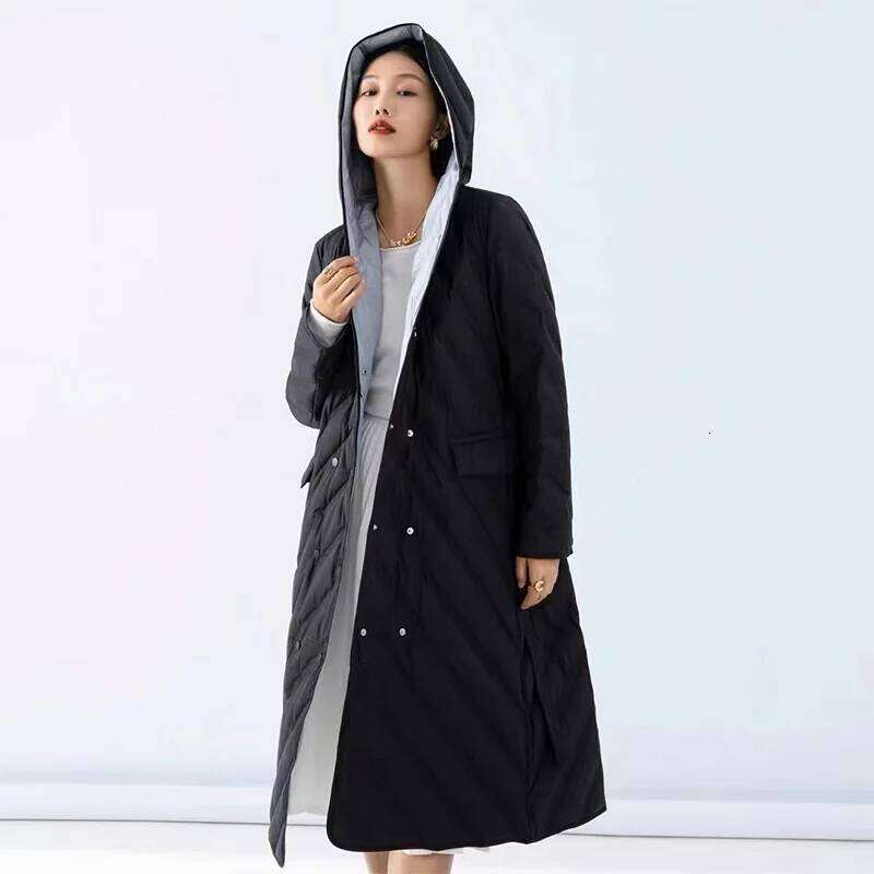 Lagabogy 2025 Winter Coat Women Long Windproof Hooded Warm 90%White Duck Down Jacket Female Double-Breasted Slim Parka With Belt