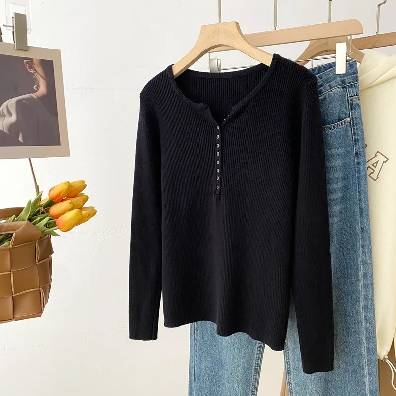 Knitted Jumper Soft Warm Pullovers Little Button Vneck Long Sleeve Sweaters Solid Multi Color Basic Slim Pullover Tops 250911