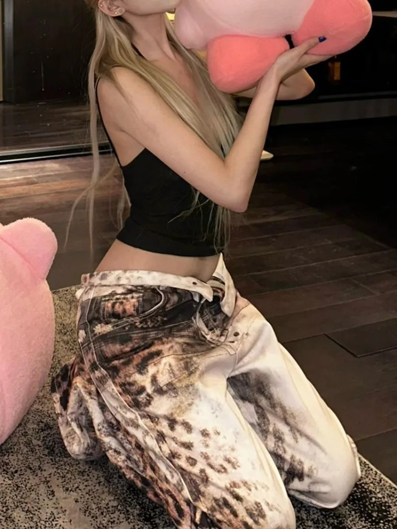 American Retro Leopard Print Gradient Wash Jeans Y2K Street Hip Hop Old Trousers Fashion Casual High Waist Straight Denim Pants 250911