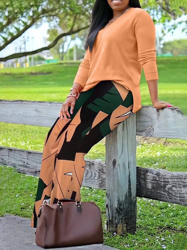 LW Plus Pants 2 Piece Outfits for Women 2025 Spring V Neck Mixed Plant Print Pant Suit Woman Casual Large Size Trousers Set