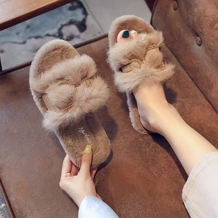 Rabbit fur plush women's slippers for outdoor wear autumn and winter new designer shoes home fairy flat cotton slippers lazy slippers