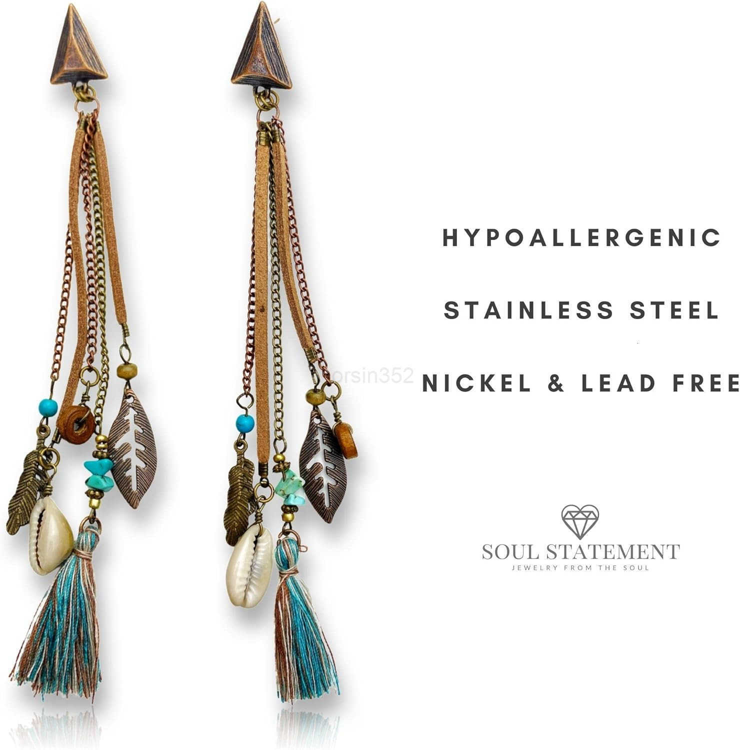 Country Western Jewelry for Women Dangle Boho Turquoise Bronze Patina Earrings with Long Copper Tassel Chains Dangle Earring Set Cowboy Chic Style Geo