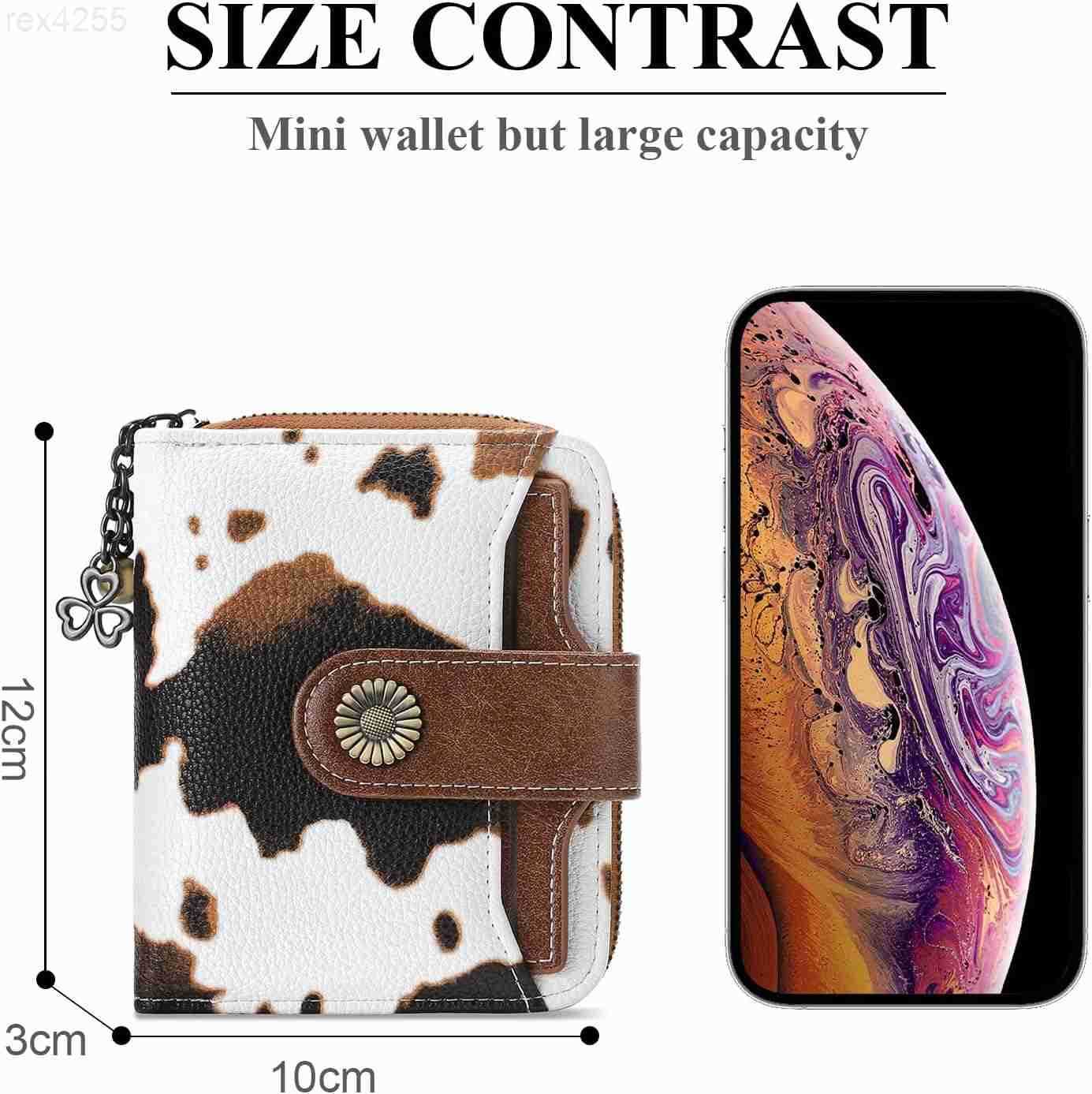 Wallet for Women Leather Small RFID Blocking Bifold Zipper Pocket Card Holder with ID Window Cow Print BrownW250911