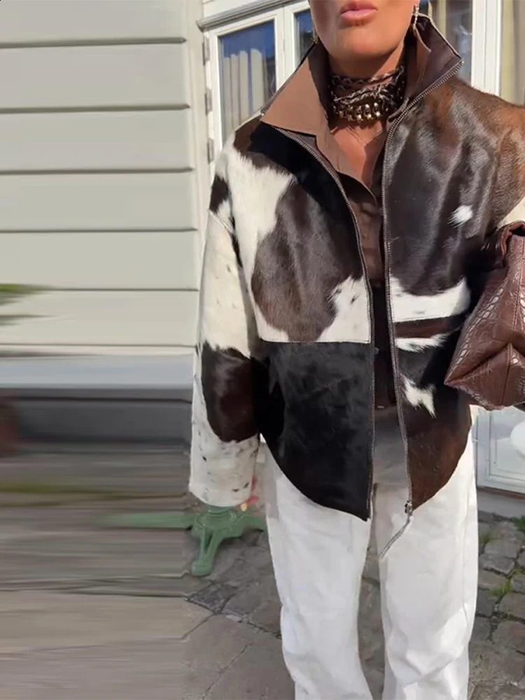 Womens Irregular Printed Jackets Cow Pattern Coats Standing Collar Zipper Jacket Autumn Woman Clothes High Street Tops 250911