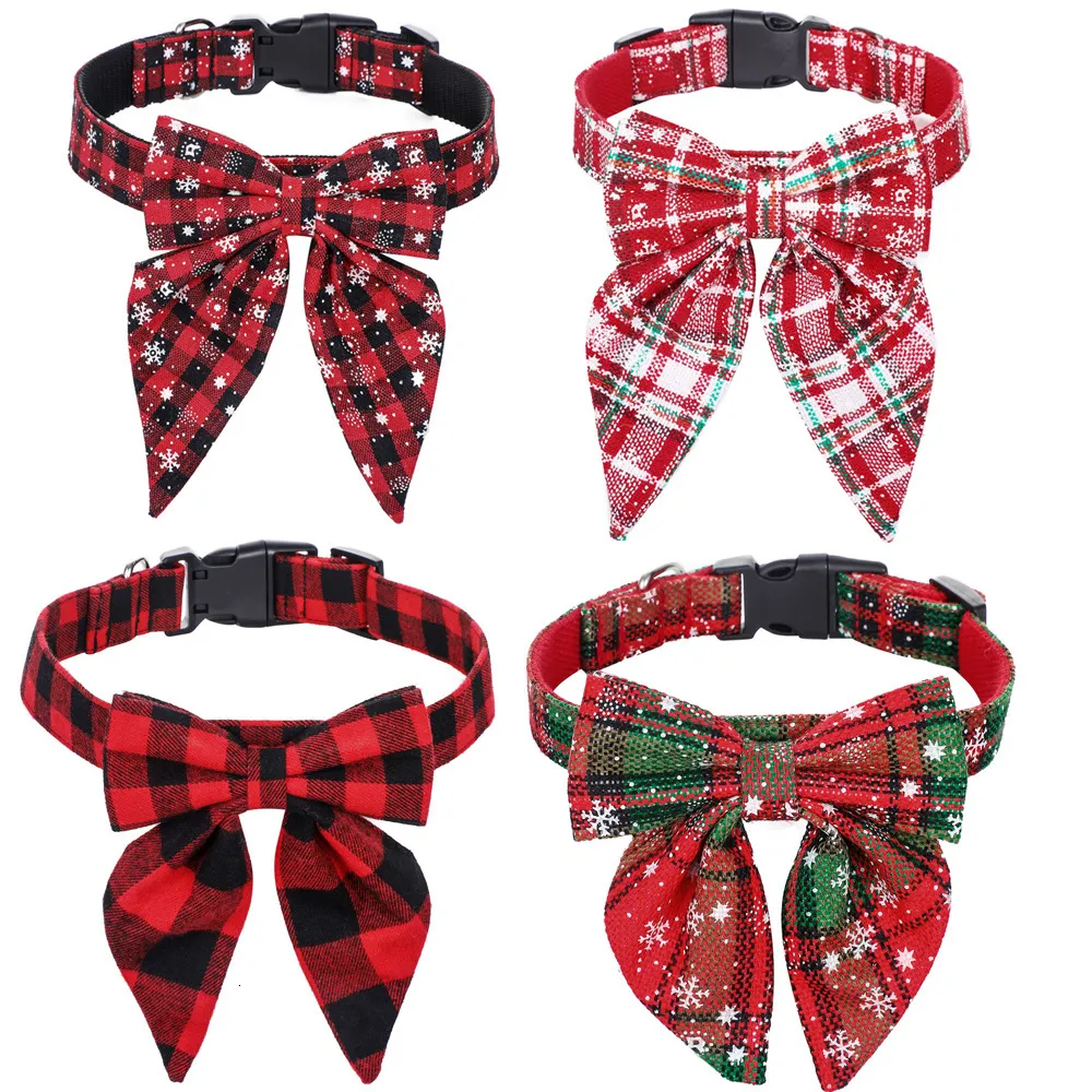 Christmas Dog Collar with Bow Adjustable Cotton Red Green Plaid Bowtie Dog Christmas Collars for Small Medium Large Dog