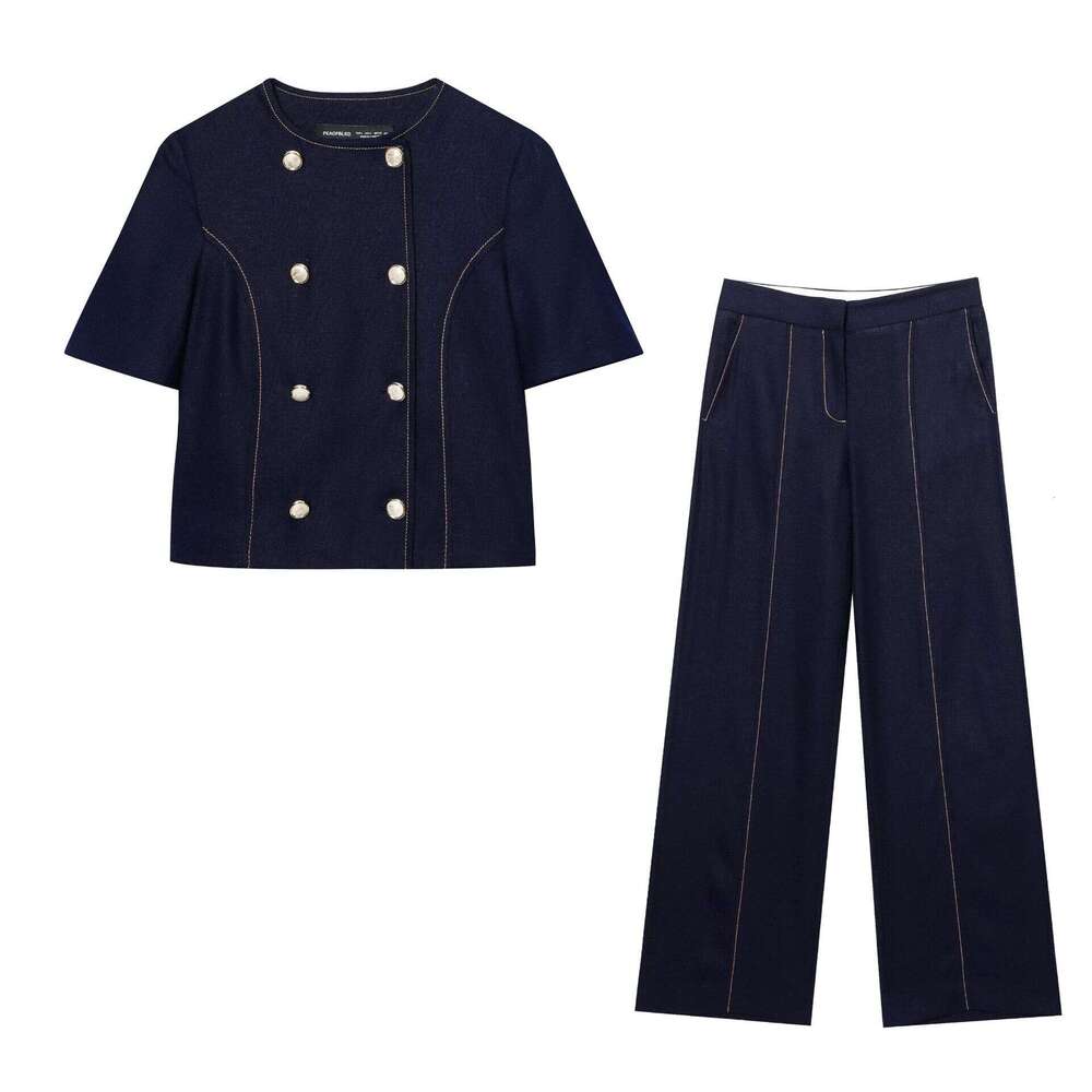 DHEssentials Women's Autumn Round Neck Linen Blend Line Chanel Style Short Sleeve Blazer + Draped Straight Solid Color Stitched Pants