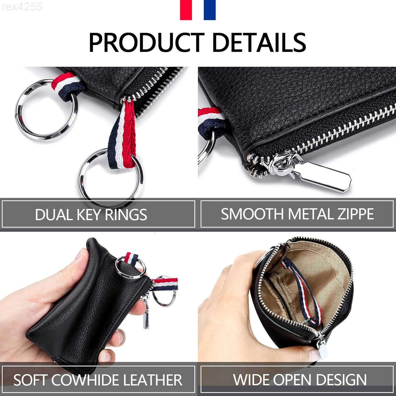 Leather Coin Purse Wallet Mini Dual Keyrings Change Pouch Card Holder for Men Women Black standardW250911