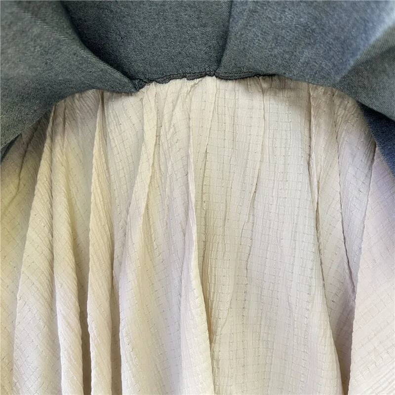 Retro Spliced Denim Pleated for Women Summer New Temperament Hot Girl Fashionable High Waist A-line Skirt dongdumaoyi