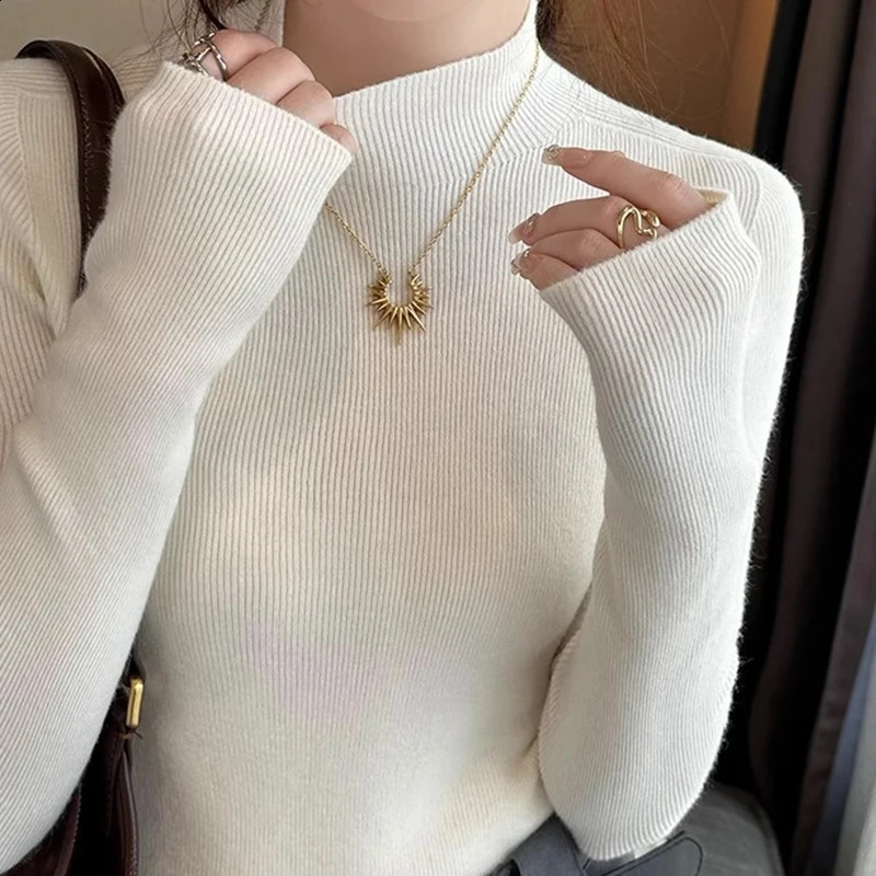 Half Turtleneck Solid Basic Sweater For Women Autumn Winter Korean Fashion Long Sleeve Slim Knitted Tops Pullover Warm Clothes 250911