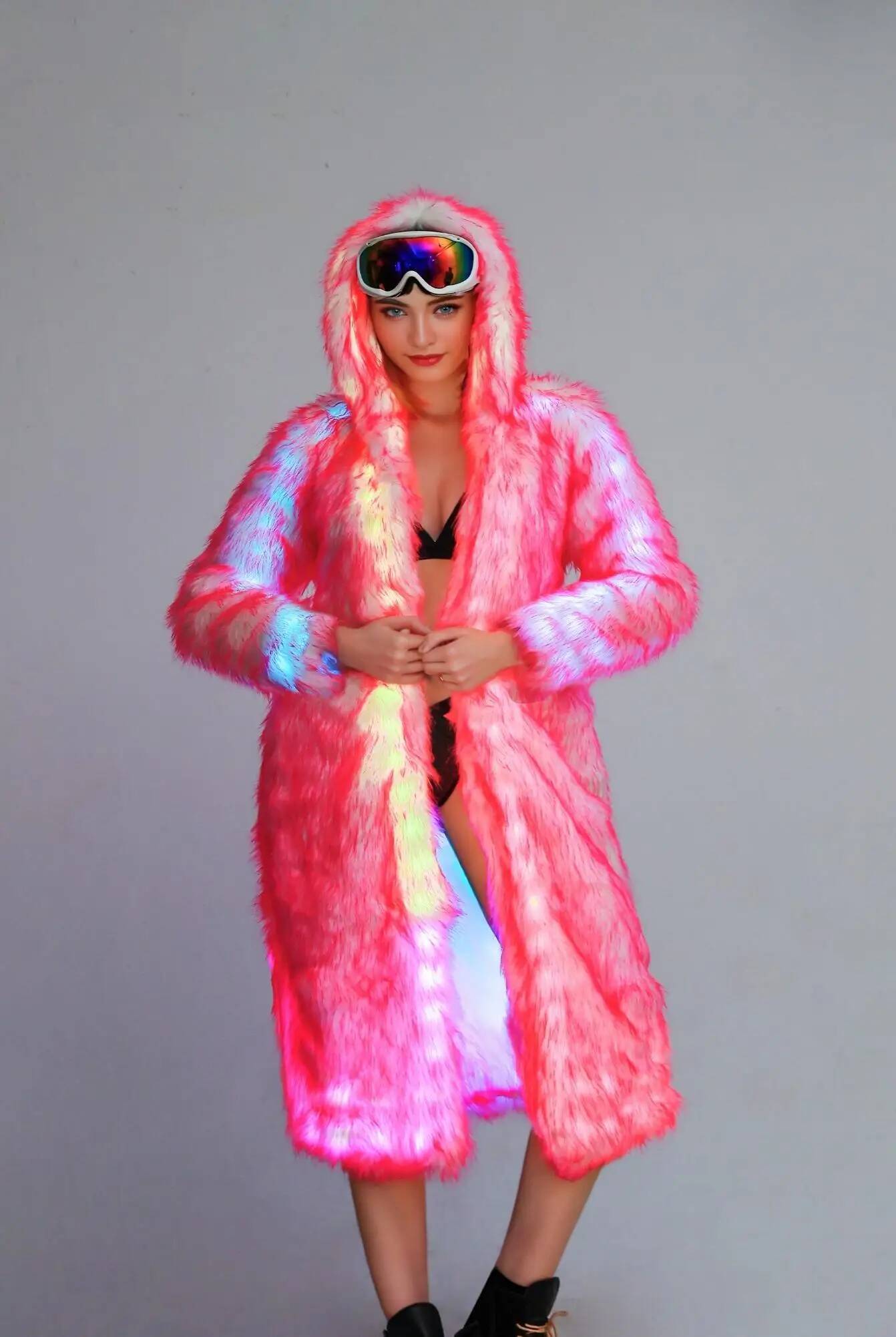 FHILLINUO Faux Women's Fashion Thick Fox Leather Led Light Up Rave Jacket Plus Size Especially Fake Fur Cold Coat