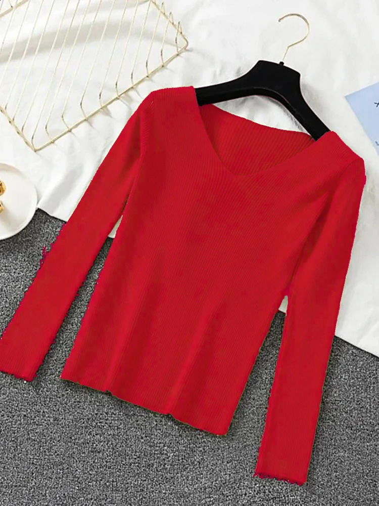 Women Sweater Autumn Knitwears Winter Long Sleeve Pullover Basic Top Fashion Vneck Elastic Female Solid Knitted Jumper 250911