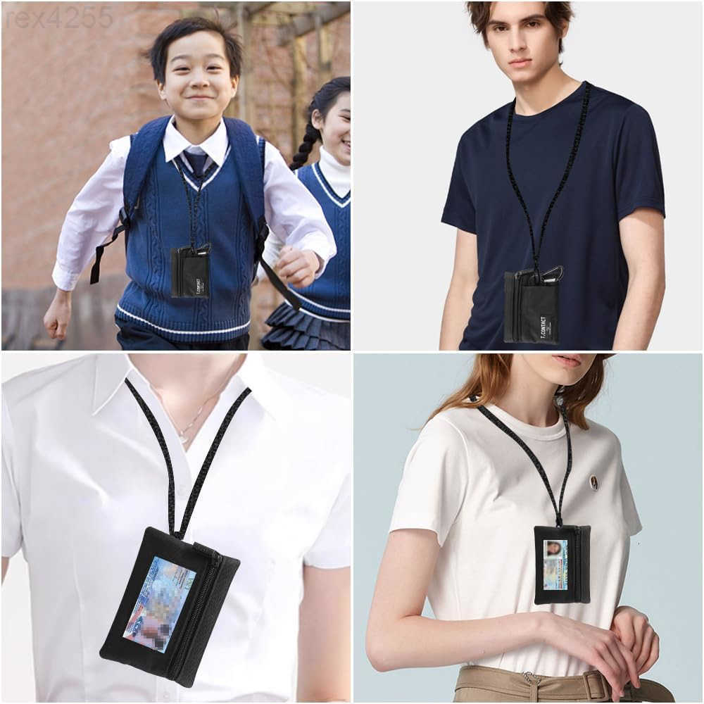 Slim RFID Blocking Zippered Lanyard Wallet Compact ID Holder Coin Purse for Men Women and Kids Lightweight Keychain Card Case with 2 Zippered Pockets 