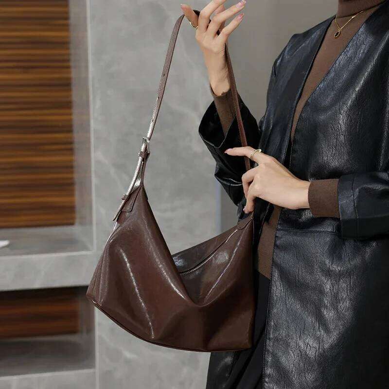 Women's Cowhide Genuine Leather Shoulder Bag Female Designer Retro Handbags Ladies Commuting Large Capacity Hobos Bags
