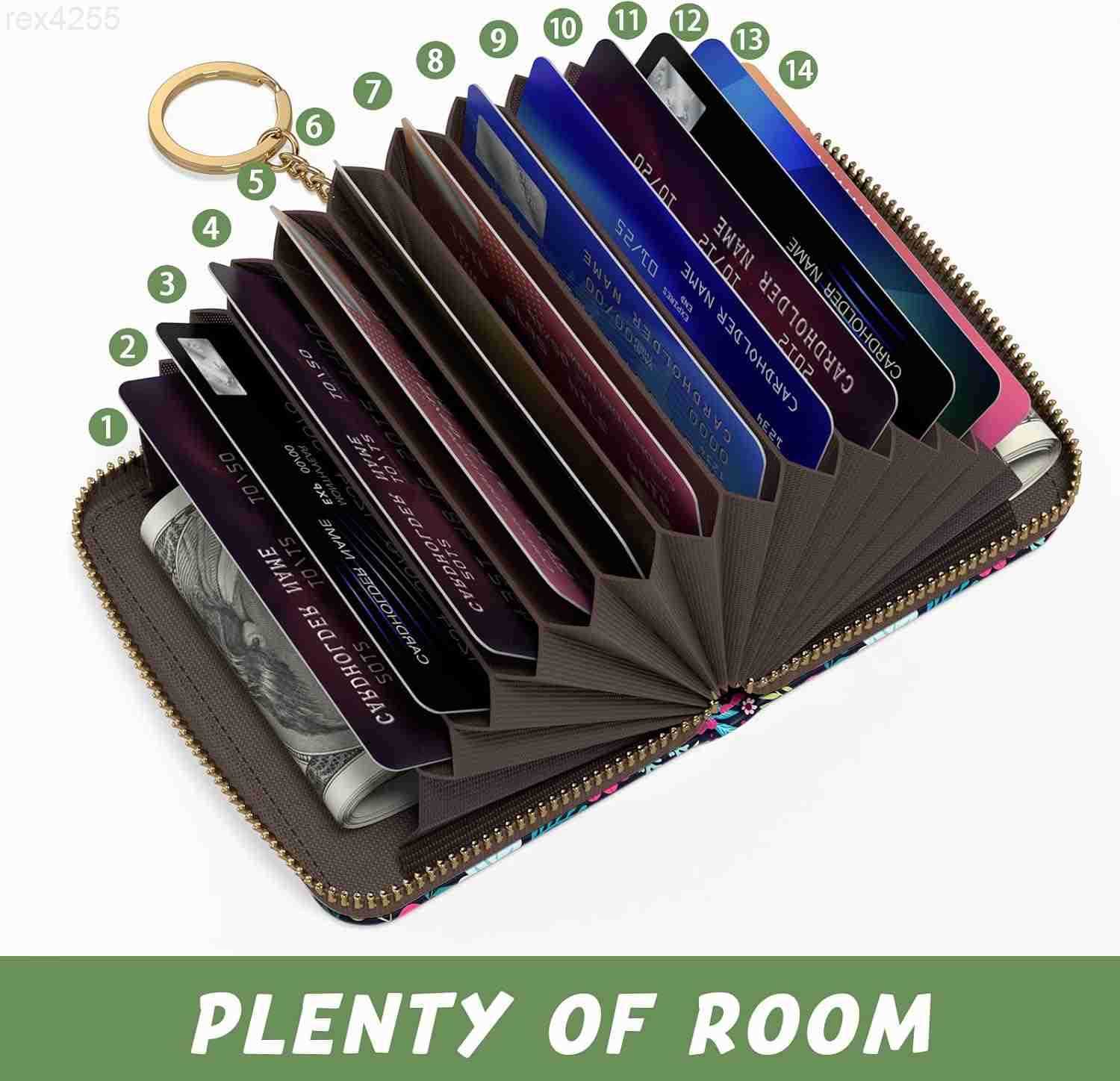 Credit Card Holder Small RFID Wallet Slim Leather Card Organizer Case with Zipper and Keychain Elegant FlowersW250911
