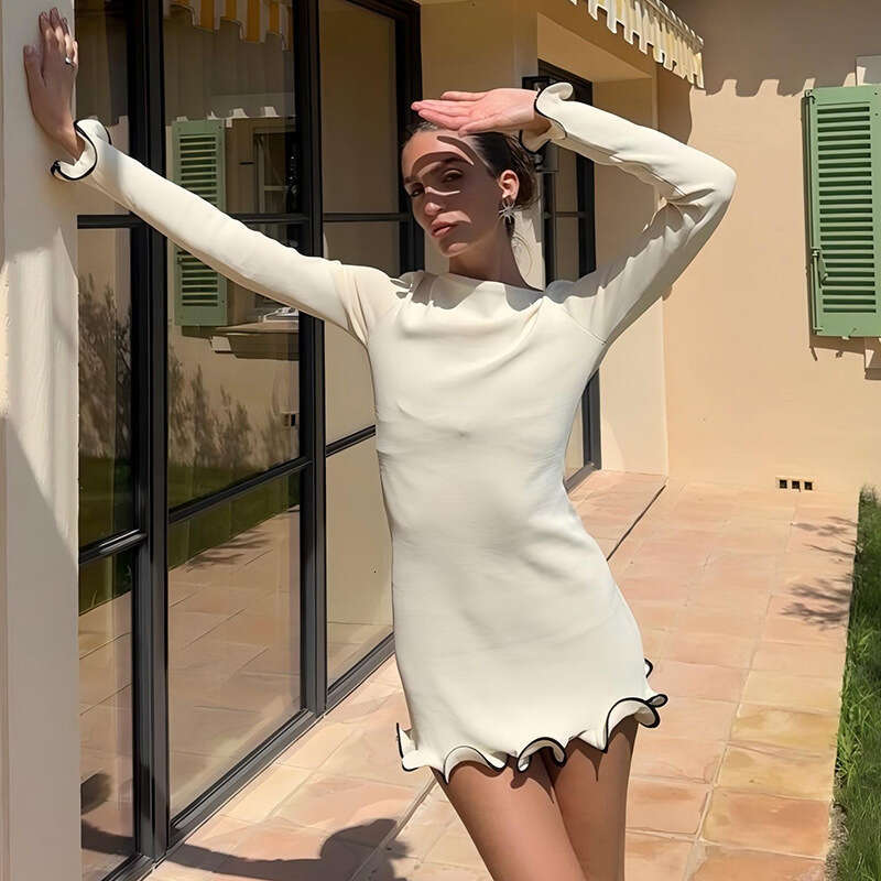 Women's Autumn Winter New Elegant Solid Color Round Neck Lace Trim Short Long Sleeve Knitted Dress