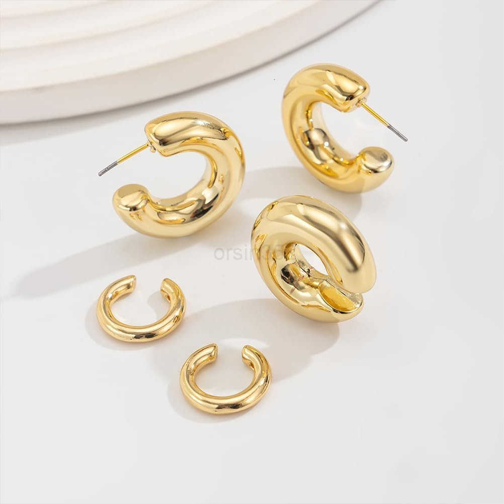 5Pcs Ear Cuff Earrings Statement Gold Round Huggie Hoop Chunky Big Silver Clip On Non Piercing Cuff Earring for Women Charm Thick Trendy Party Jewelry