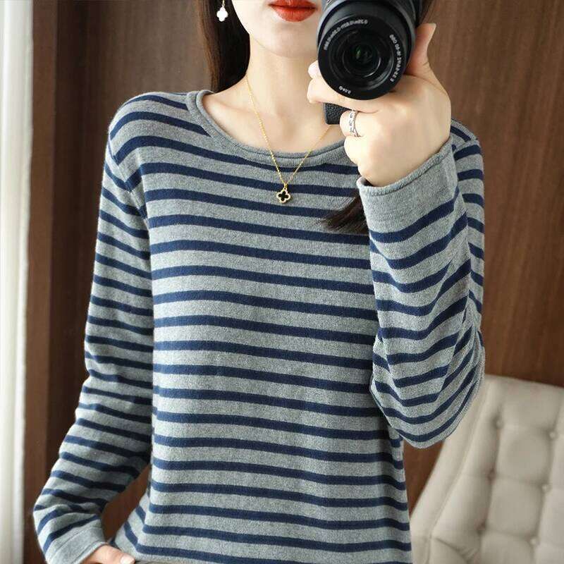 Women 100% Cotton Curled O-Neck Strip Pullover Autumn Winter Casual Knit Clothing Fashion Soft Bottoming Sweater Tops