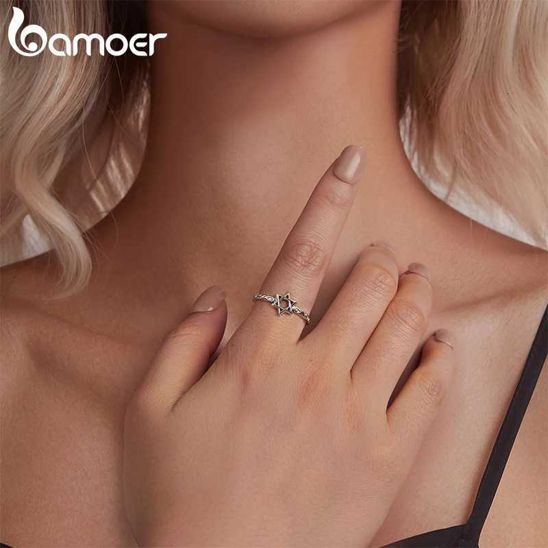 BAMOER 925 Sterling Silver Star of David Adjustable Ring Religous Retro Pattern Jewelry Christmas Birthday Gift for Women W250911