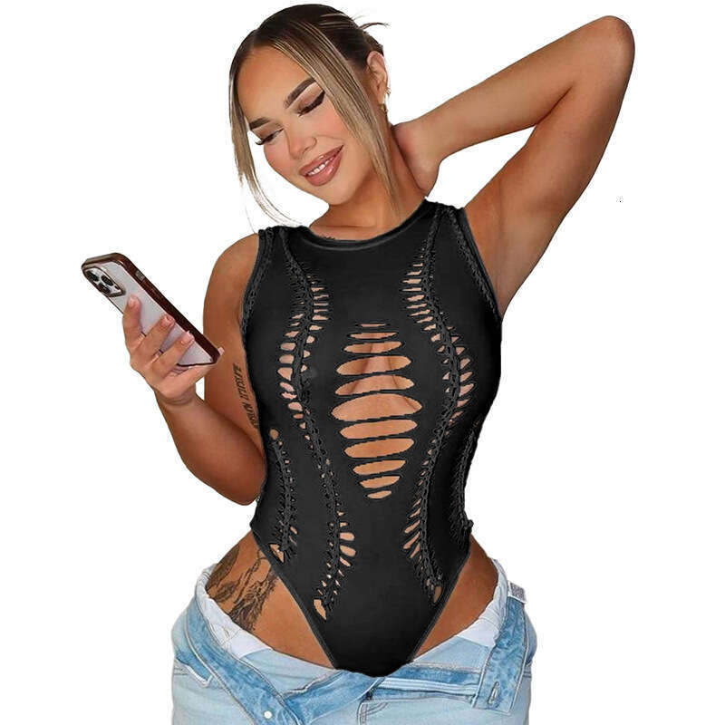 Women's Autumn New Solid Color Casual Burnt Flower Ripped Sleeveless Round Neck Slim Fit Jumpsuit for Women