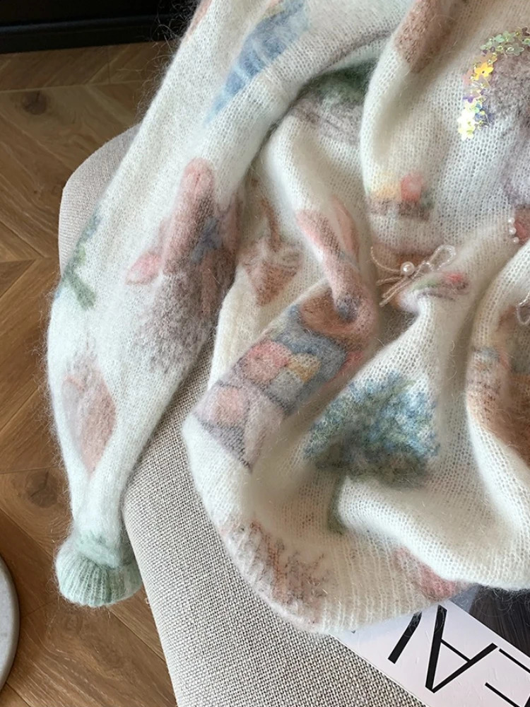 n Bunny Beadprinted Mohair Sweater Womens Autumn and Winter Sweet Soft Waxy Knitted Top y2k clothes 250911