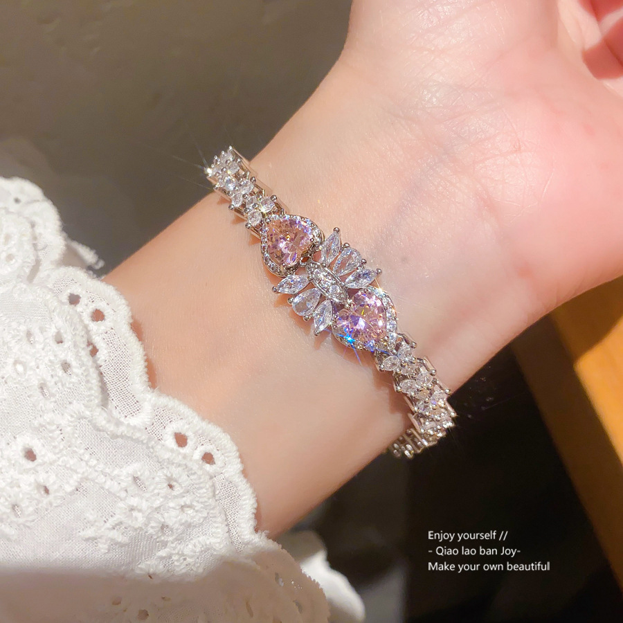 Silver - Toned Bracelet With Pink Heart - Shaped Crystals, Sparkly Clear Crystal Accents Delicate Daily & Elegant Jewelry Gift For Her High - Quality 