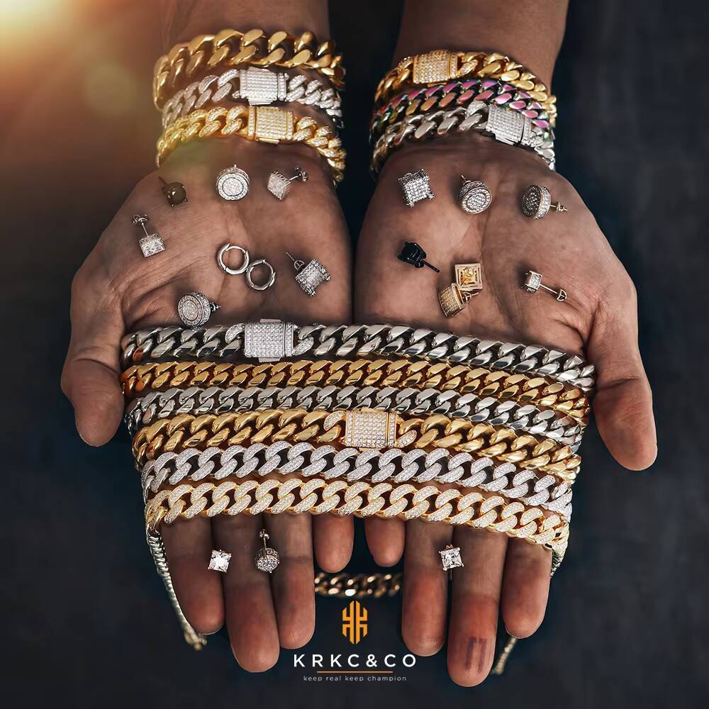 KRKC Wholesale Hiphop Cuban Necklace Gold Plated Bling Prong Link Women Fine Jewelry Diamond CZ Iced Out Miami Cuban Chain Men