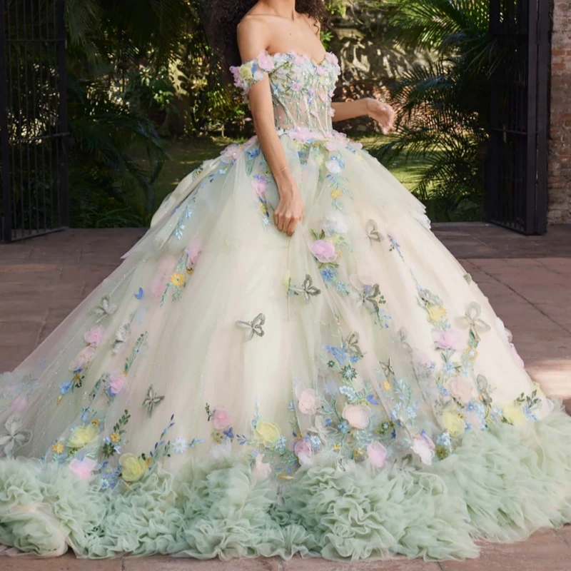Light Green Quinceanera Dresses Ball Gown Off The Shoulder Applique Flower Bow Beads Tull Tiered Sweet 16 Dress Vestidos 15 De Anos