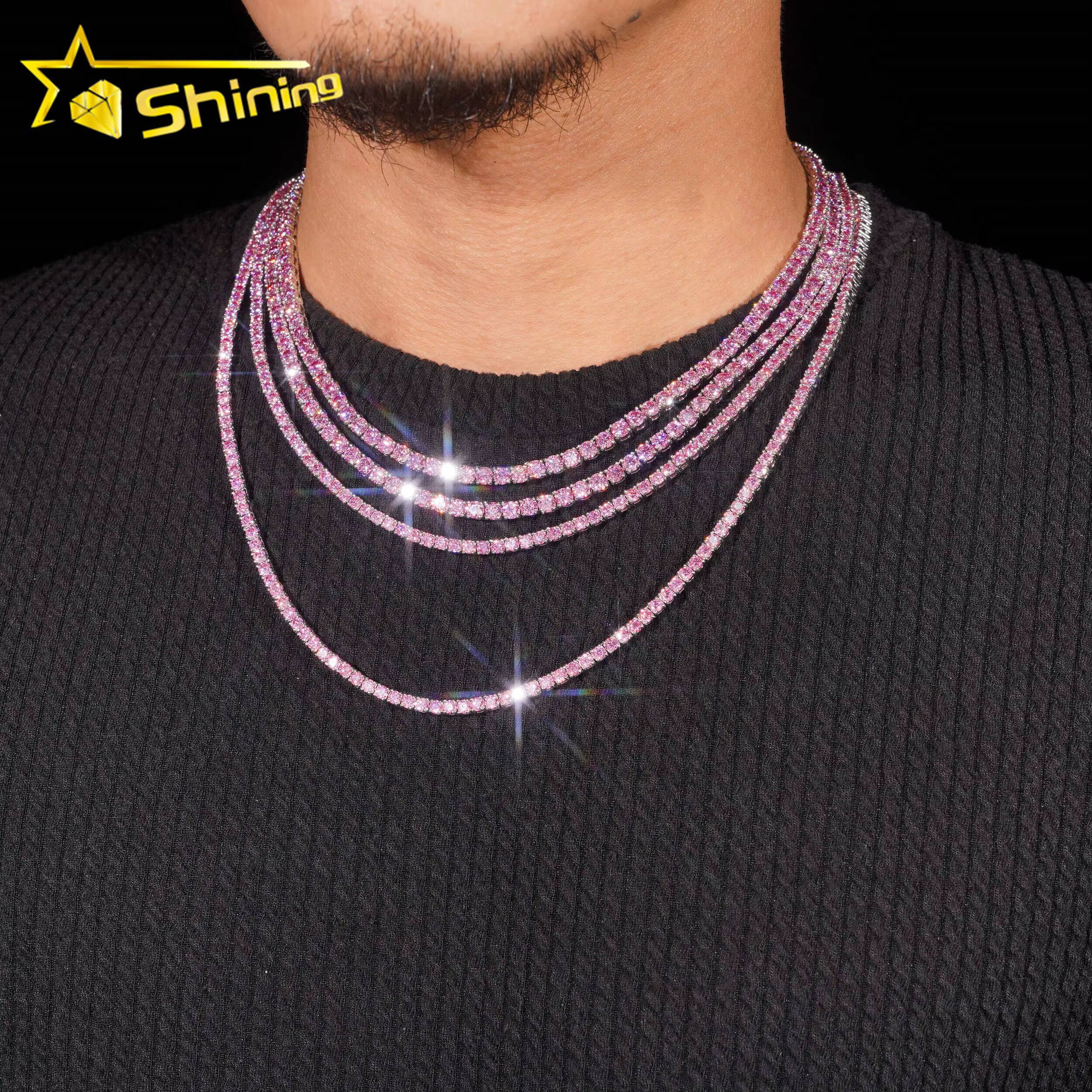 New Arrival 925 Silver 3mm 4mm Pink Color Moissanite Tennis Necklace Hip Hop Iced Out Men Women Choker Tennis Chains