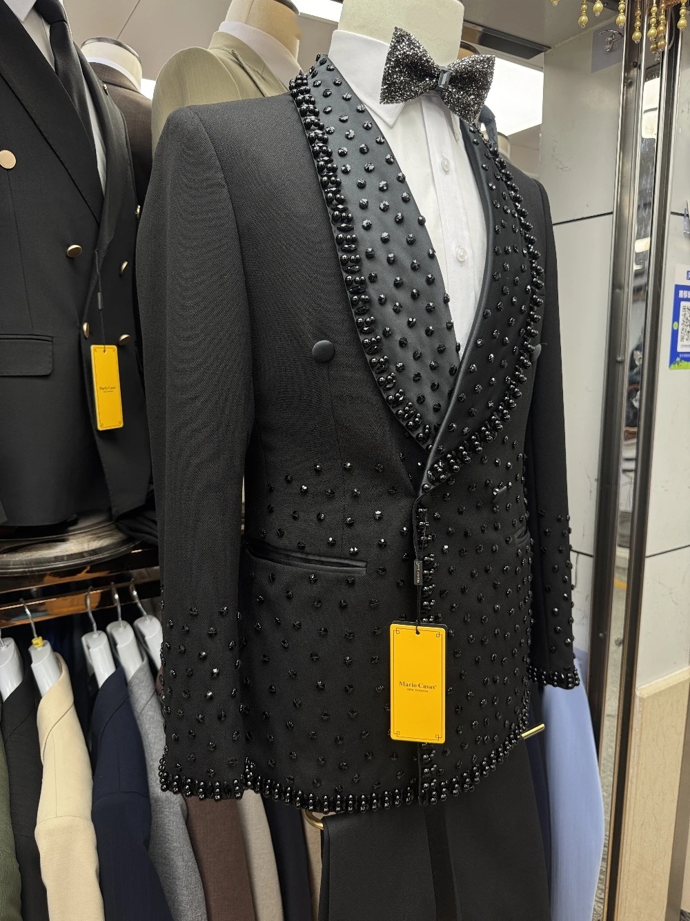 Vintage Men's Suit Crystal 2 Pieces Set Jacket Tailor-Made Blazer Double Breasted Beaded Rhinestone Groom Customized Coat Pants Plus Size