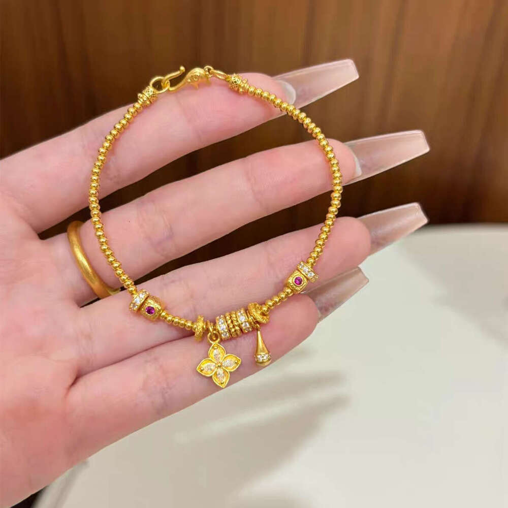 Gold-Plated Imitation Four-Leaf Clover Water Drop Gold Bead Bracelet for Women Light High-End Feel Long-Lasting Jewelry