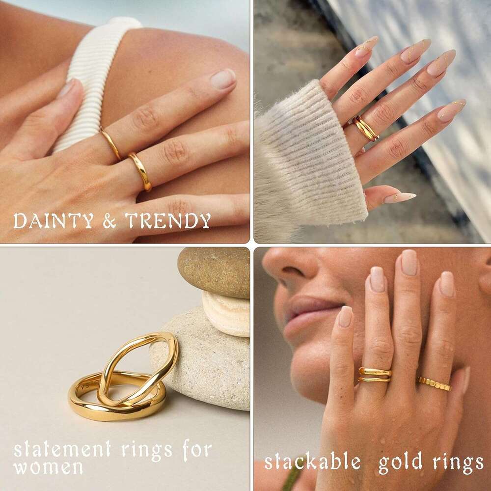Non Tarnish,14K Plated Stackable Ring Set,Dainty Thumb Rings for Women Chunky Statement Stacking Gold Jewelry Size 4 5 6 7 8 9 10