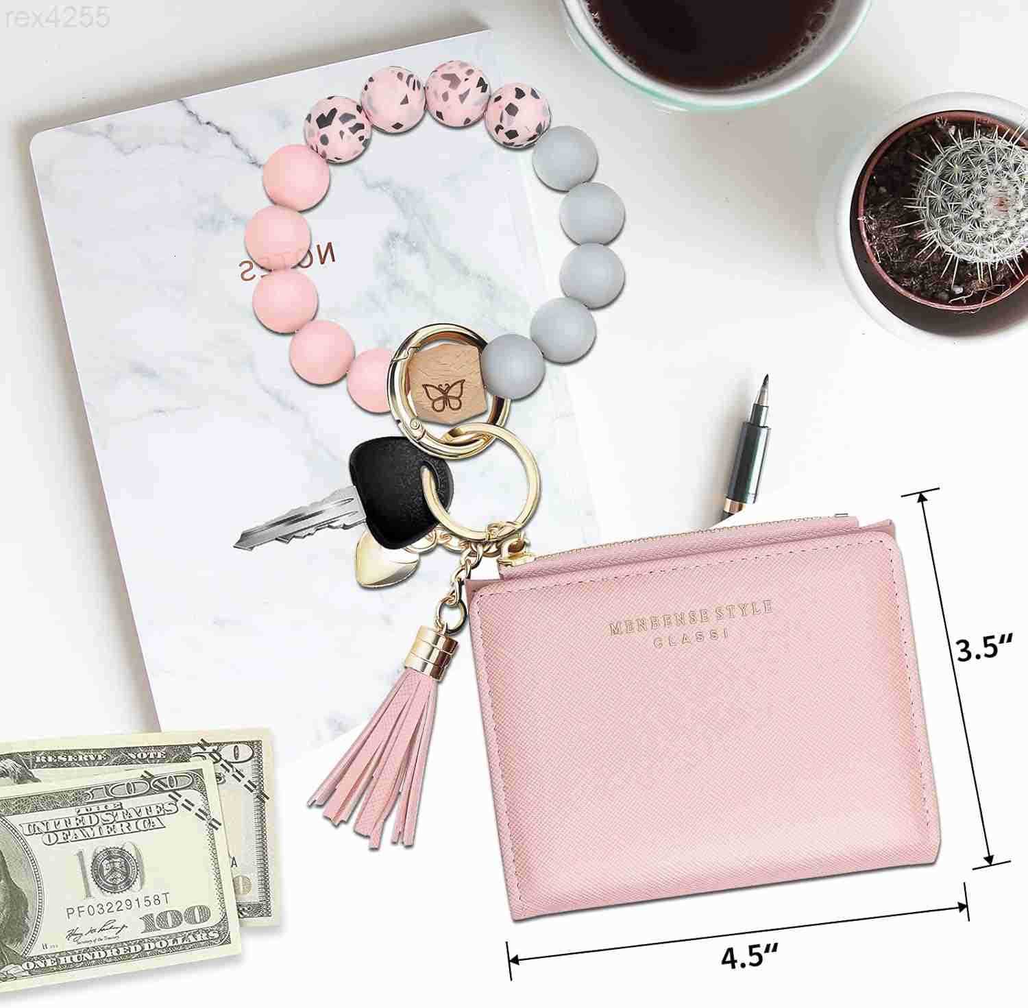Keychain Bracelet Wristlet with Wallet Card Holder PocketTassel Keychain Bangle Key Ring for WomenW250911